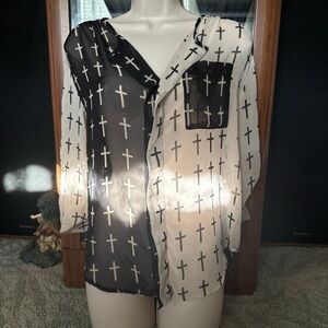 Bebe 2B Black and Cream Cross Pattern Blouse